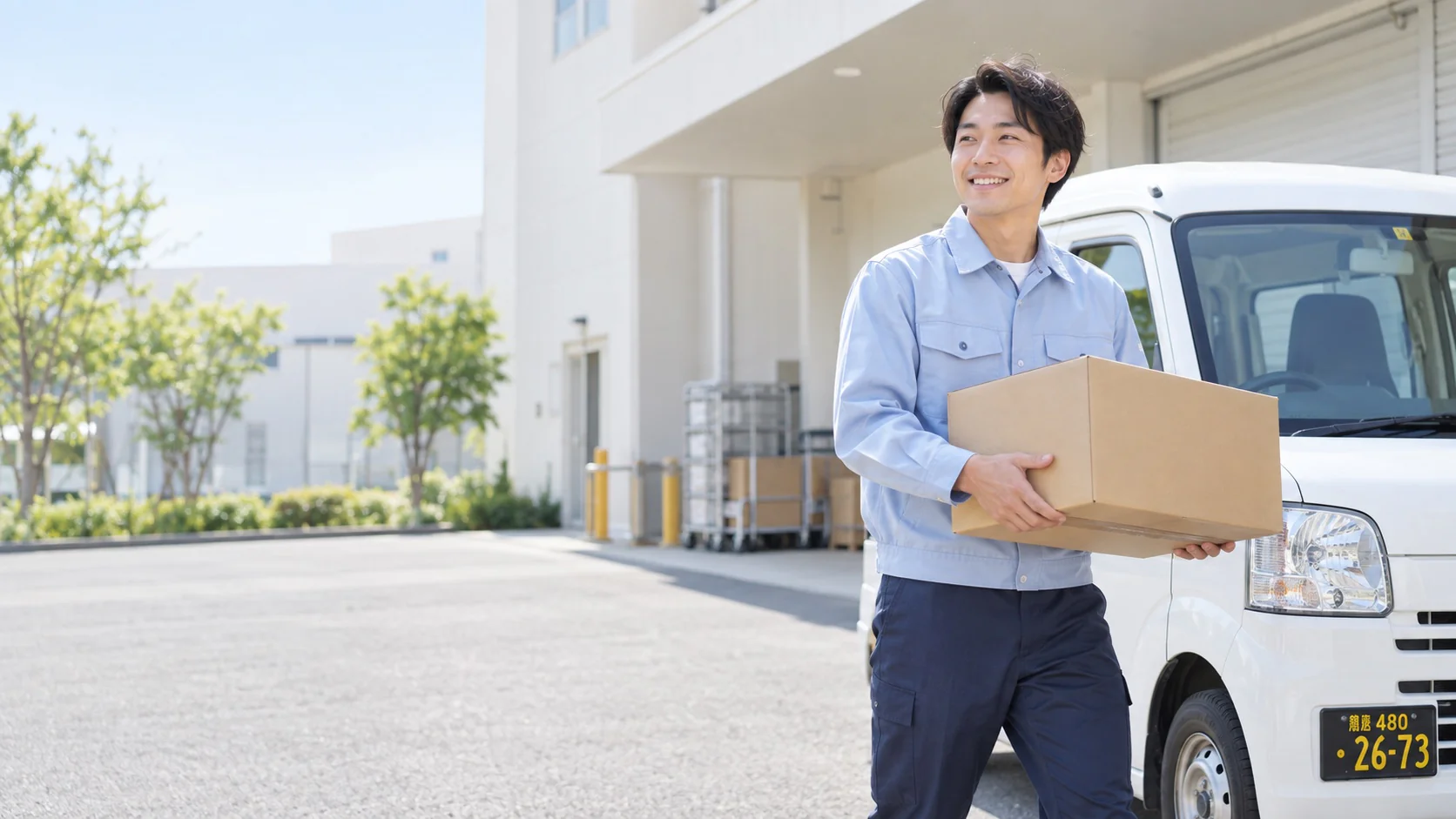 明るい配送拠点で荷物を持つドライバーのイメージ