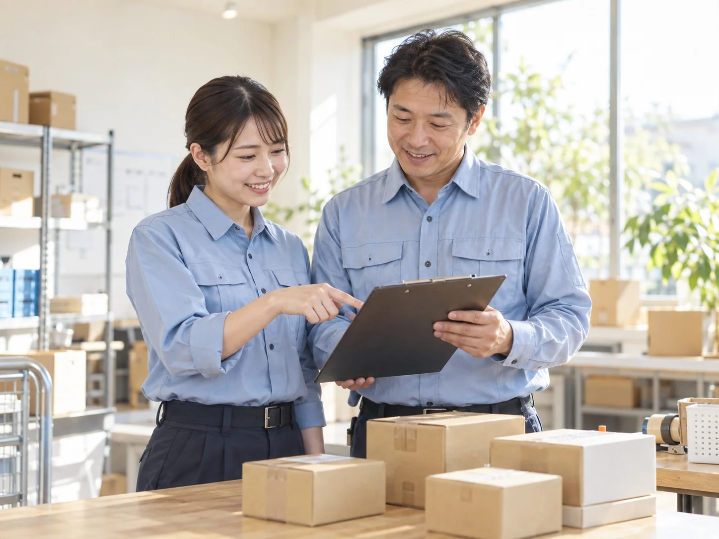 明るい作業場で配送の準備を確認する二人のイメージ