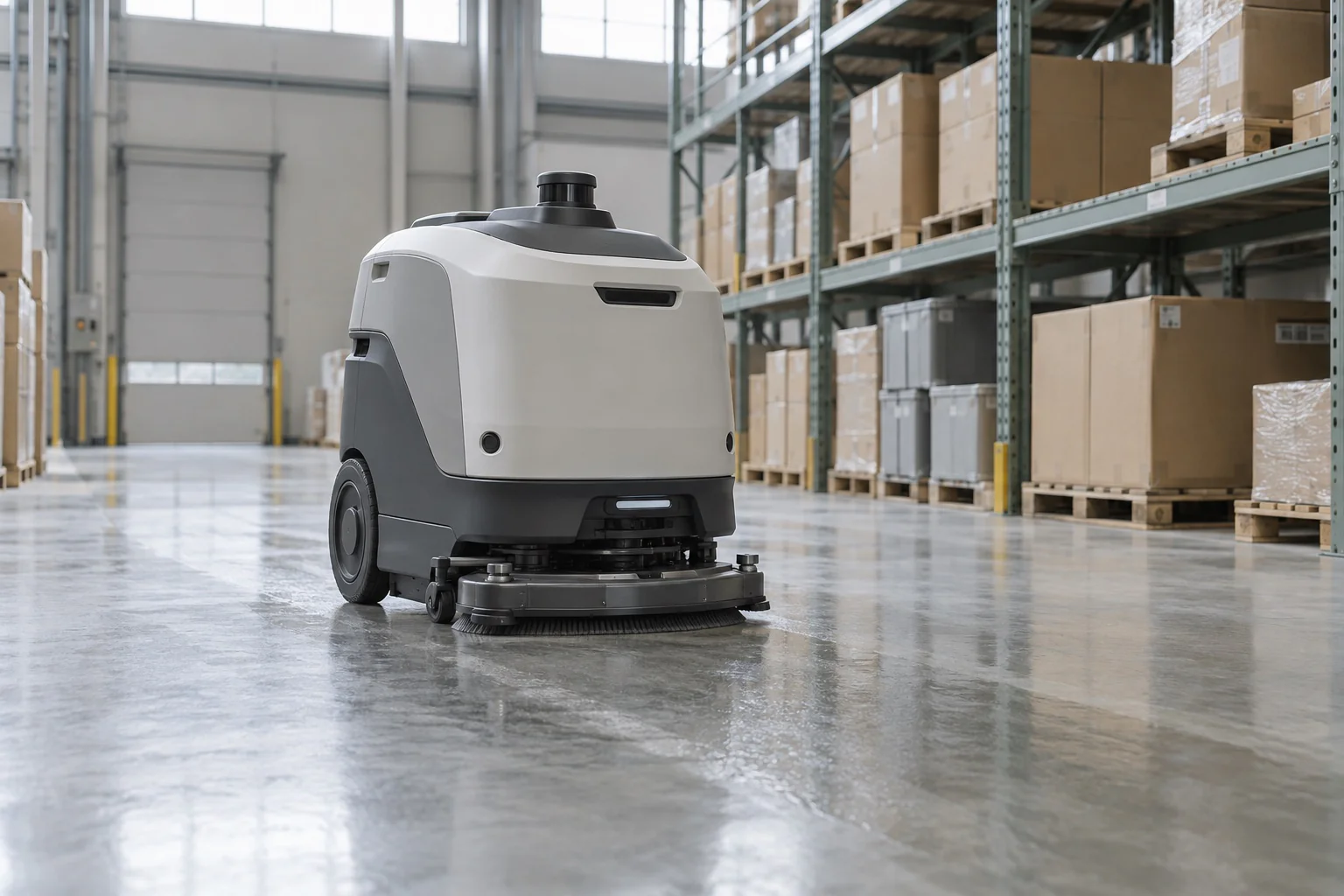 倉庫の通路を清掃するロボットの活用イメージ
