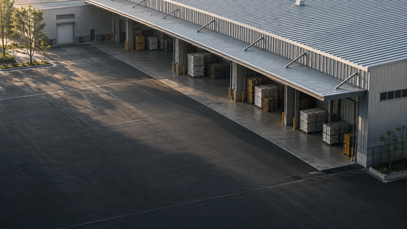 物流施設の屋根と荷積み場を見渡す風景